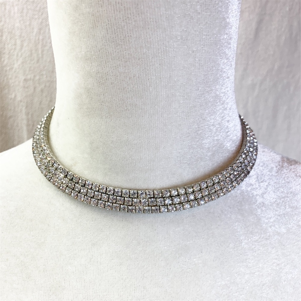 Triple Row wide Rhinestone collar style choker necklace